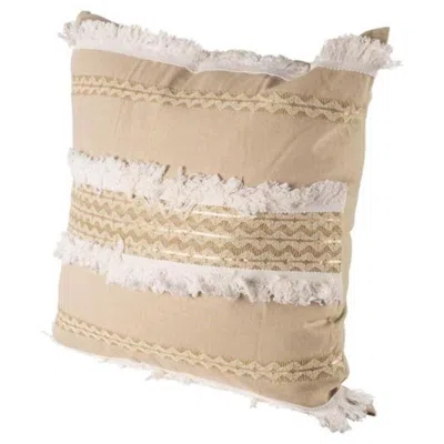 Breebe 22" Tan And White Geometric Linen Throw Pillow Cover With Fringe