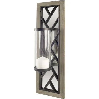 Breebe 24" Black Distressed Mirrored Metal Glass And Solid Wood Wall Sconce Candle Holder