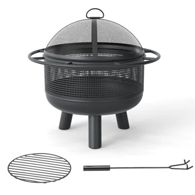 Breebe 24 Inch Wood Burning Fire Pit With Log Grate And Mesh Screen For Outside In Black