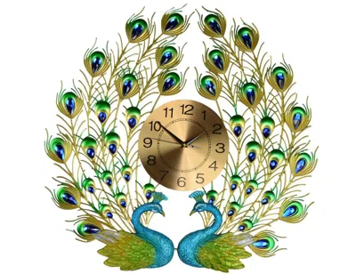 Breebe 25" Blue Green And Gold Metal Silent Analog Peacock Novelty Wall Clock