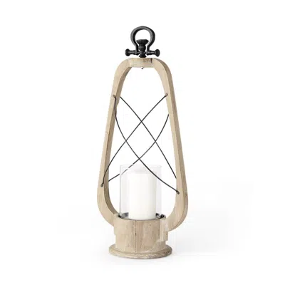Breebe 25" Distressed Abstract Solid Wood And Metal Tabletop Lantern Candle Holder In Neutral