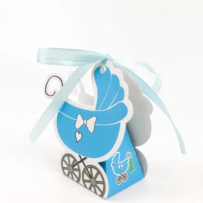 Breebe 25 Pack Light Blue Baby Paper Stroller Party Favor Gift Boxes, Cardstock Carriage Candy Boxes With R