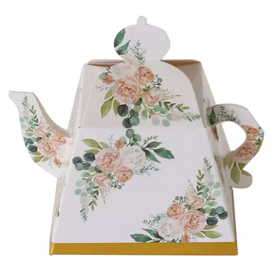 Breebe 25 Pack Pink Peony Floral Mini Teapot Party Favor Boxes With Gold Edge, Tea Time Gift Boxes - 5"x4"