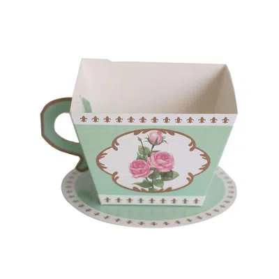 Breebe 25 Pack Turquoise Mini Teacup And Saucer Party Favor Boxes With Rose Floral Print, Tea Time Candy Bo