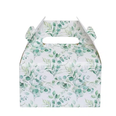 Breebe 25 Pack White Green Candy Gift Tote Gable Boxes With Eucalyptus Leaves Print, Party Favor Treat Boxe