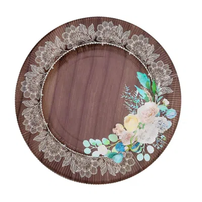 Breebe 25-pack Disposable Round Charger Plates In Brown Rustic Wood Print With Floral Lace Rim - Durable Pa In Multi