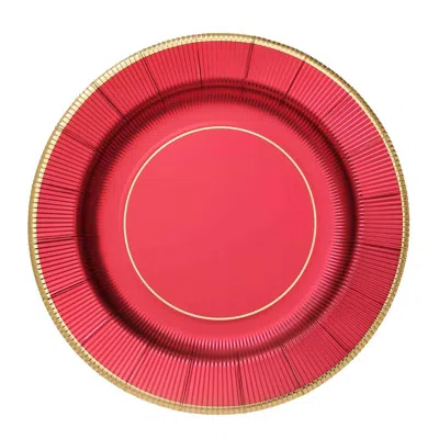 Breebe 25-pack Disposable Round Charger Plates In Burgundy Sunray Design With Gold Rim - 350gsm Heavy Duty 