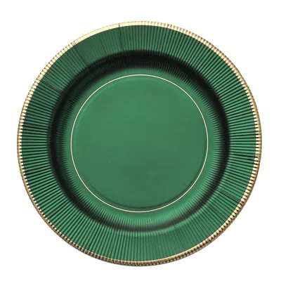 Breebe 25-pack Disposable Round Charger Plates In Hunter Emerald Green Sunray Design With Gold Rim - 350gsm