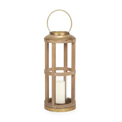 Breebe 26" Natural And Bronze Distressed Geometric Solid Wood And Metal Tabletop Lantern Candle Holder In Gold
