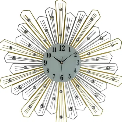 Breebe 27" Gold Silver And Metal And Faux Crystals Silent Analog Sunburst Wall Clock