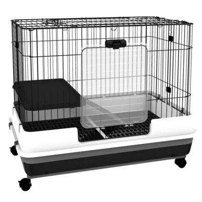 Breebe 2-level Small Animal Cage Rabbit Hutch With Wheels, Tray And Ramp In Black