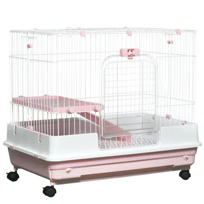 Breebe 2-level Small Animal Cage Rabbit Hutch With Wheels, Tray And Ramp In Pink