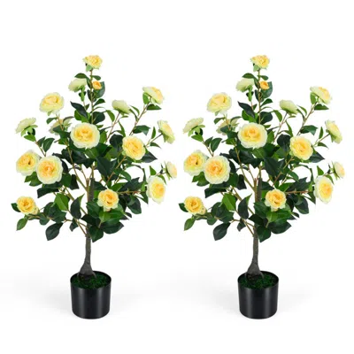 Breebe 2-pack Artificial Camellia Tree Faux Flower Plant In Cement-filled Pot In Yellow