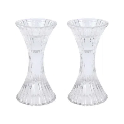 Breebe 2-pack Crystal Pillar Candlestick Stands Hour Glass Design With Diagonal Stripes Clear - Reversible 