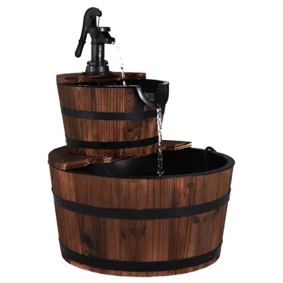 Breebe 2-tiers Outdoor Wooden Barrel Waterfall Fountain With Pump In Brown