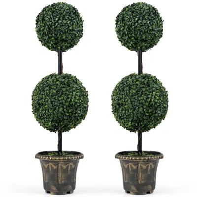 Breebe 3 Ft Artificial Boxwood Topiary Tree Double Ball Shrubs Set Of 2 In Green