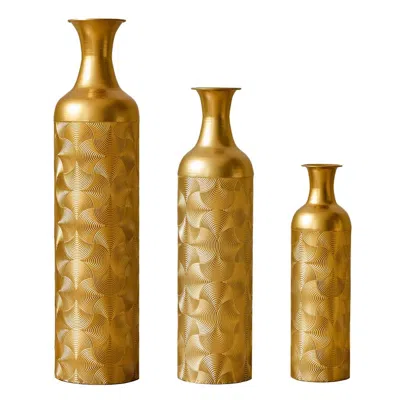 Breebe 3 Pack Gold Metal Vase Set Tall Embossed Nested Decorative Centerpiece Vases