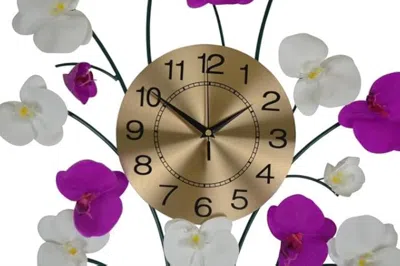 Breebe 30" Purple White And Gold Metal Silent Analog Floral Novelty Wall Clock
