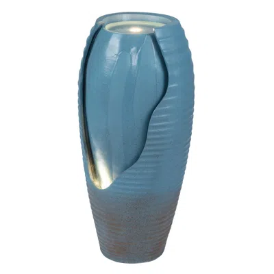 Breebe 32 Inch Tall Jar Water Fountain With Led Lights And Pump Vintage Ceramic-look In Blue