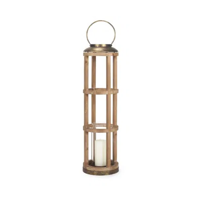 Breebe 35" Natural And Brass Distressed Geometric Solid Wood And Metal Tabletop Lantern Candle Holder In Brown