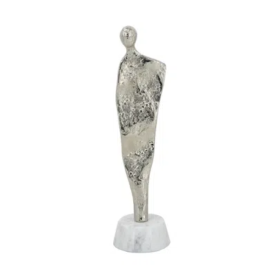 Breebe 3.5 X 3 X 12" Abstract Aluminum Human Figurine On Marble Stand, Silver/white In Gray