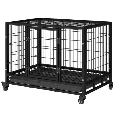 Breebe 36 Inch Heavy Duty Dog Crate With Lockable Wheels And Tray In Black