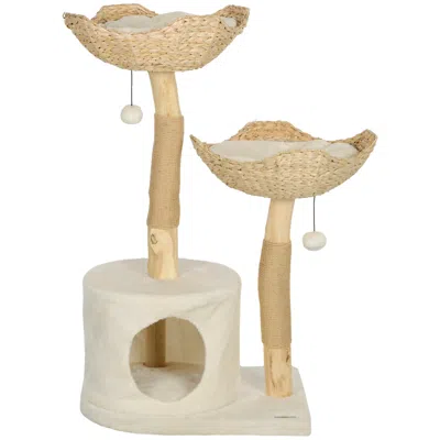 Breebe 37 Inch Modern Cat Tree With Wooden Scratching Posts, Condo And Beds In Beige