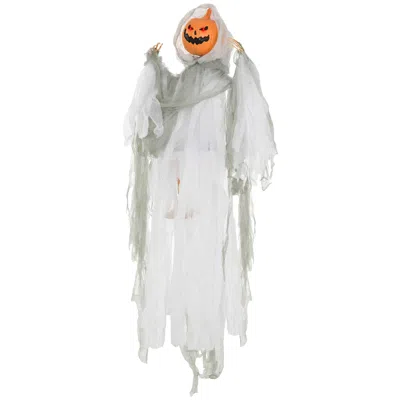 Breebe 3.9 Ft Halloween Hanging Pumpkin Ghost Sound Activated Light Up Eyes In White