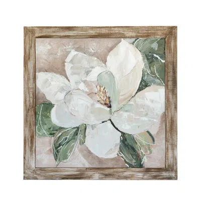 Breebe 39.4 X 39.4 X 1.2" Hand-painted White Magnolia Art With Rustic Fir Wood Frame In Multi