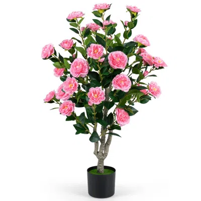 Breebe 39.5" Artificial Camellia Tree With Orange Blossoms In Cement Pot For Home Decoration