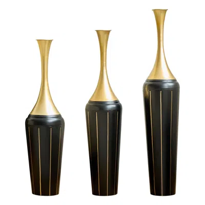 Breebe 3-piece Black & Gold Metal Floor Vase Set Modern Home Décor