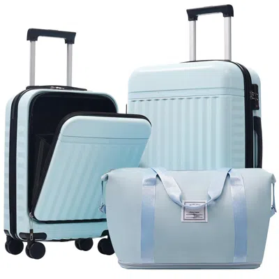 Breebe 3-piece Front-opening Hardshell Luggage Set, Carry-on Suitcases With Usb Port, Expandable, Spinner W In Blue