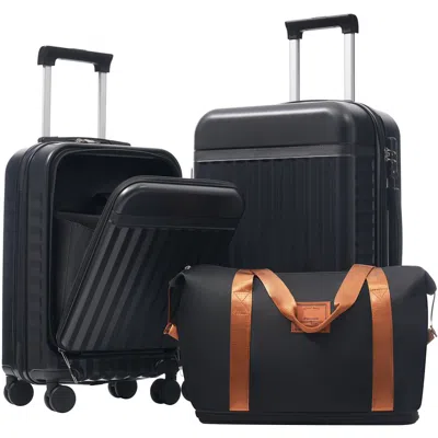 Breebe 3-piece Front-opening Hardshell Luggage Set, Carry-on Suitcases With Usb Port, Expandable, Spinner W In Black