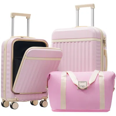 Breebe 3-piece Front-opening Hardshell Luggage Set, Carry-on Suitcases With Usb Port, Expandable, Spinner W In Pink