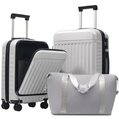 Breebe 3-piece Front-opening Hardshell Luggage Set, Carry-on Suitcases With Usb Port, Expandable, Spinner W In White
