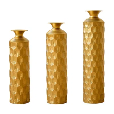 Breebe 3-piece Gold Metal Floor Vase Set Hexagon Textured Decorative Home Décor