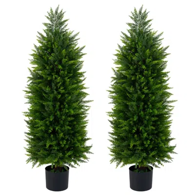 Breebe 4 Ft Artificial Topiary Tree Set Of 2 Faux Cedar Cypress Plants In Cement-filled Pots In Green