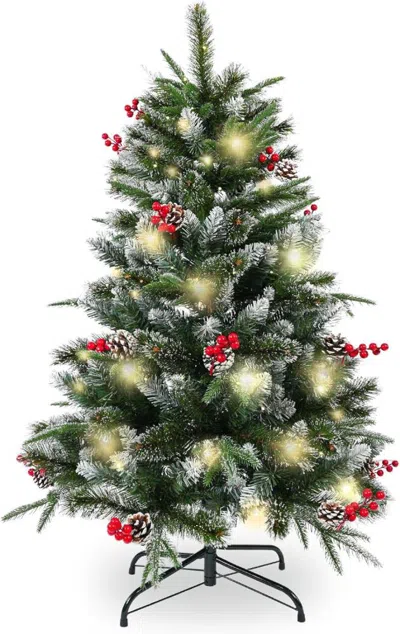 Breebe 4' Green And White Pre Lit Full Flocked Pine Christmas Tree With Decorations