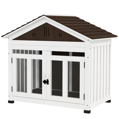 Breebe 40 Inch Wooden Dog House With Air Vents And Elevated Floor In White