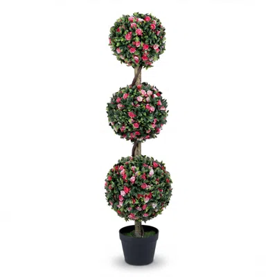 Breebe 43.5" Artificial Triple Ball Rose Topiary Tree With Lifelike Blooms And Green Leaves