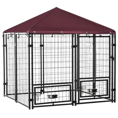 Breebe 4.6 X 4.6 Ft Dog Playpen With Roof Cover And Feeding Station In Burgundy