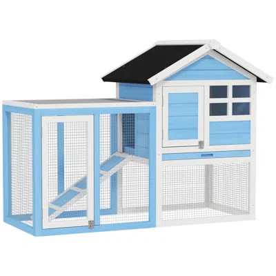 Breebe 49" Wooden Rabbit Hutch Bunny Cage With Waterproof Asphalt Roof And Outdoor Run In Blue