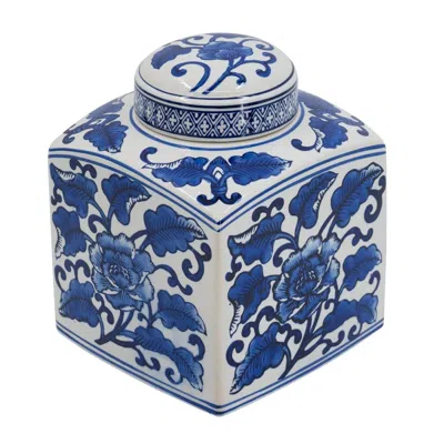 Breebe 5 X 5 X 8" Hand Painted Square Canister, Blue And White Floral Pattern