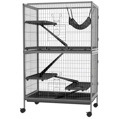Breebe 50" Rolling Small Animal Cage With Hammock, Tray & 4 Doors In Gray