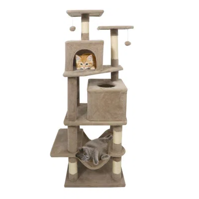 Breebe 57 Inch Cat Tree With Dual Condos And Hammock And 2 Dangling Balls In Brown
