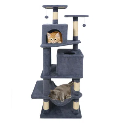 Breebe 57 Inch Cat Tree With Dual Condos And Hammock And 2 Dangling Balls In Blue