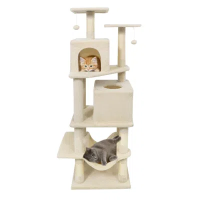Breebe 57 Inch Cat Tree With Dual Condos And Hammock And 2 Dangling Balls In Neutral