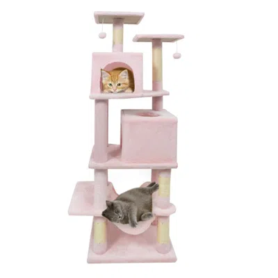 Breebe 57 Inch Cat Tree With Dual Condos And Hammock And 2 Dangling Balls In Pink