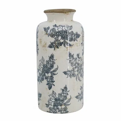 Breebe 5.7 X 5.7 X 12.4" Vintage Inspired White Ceramic Vase With Black Floral Motif