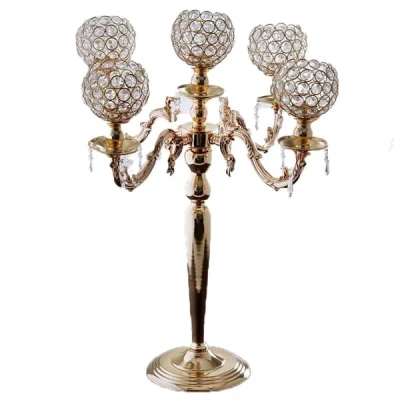 Breebe 5-arm Crystal Beaded Globe Candelabra Gold Metal - Chic Candle Holder Table Centerpiece For Gatherin